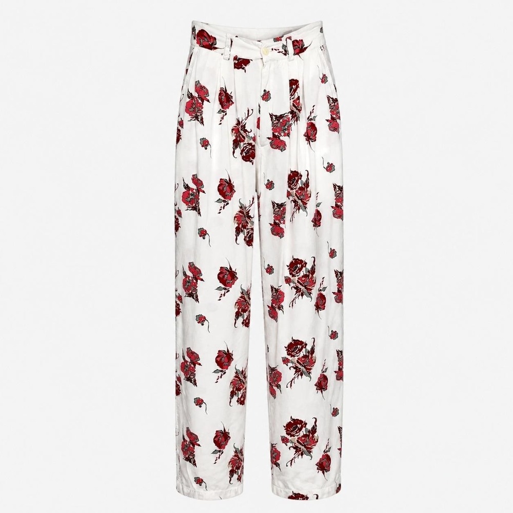 Street Level Vintage Women White Red Rose Floral Pleated Rayon Tapered Pants